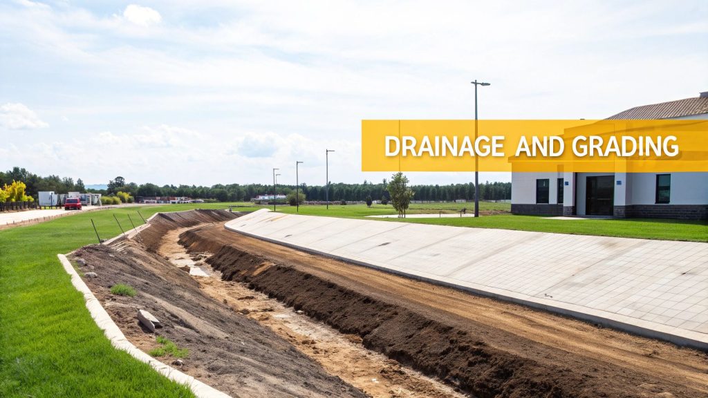 Drainage and grading construction site: a dirt trench beside a concrete channel with a building in the background and a yellow banner reading DRAINAGE AND GRADING.