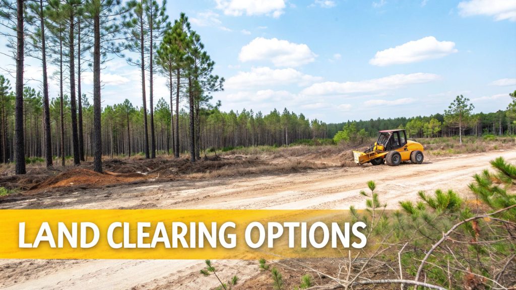 Selective logging site with a yellow bulldozer on a dirt road, pine forest in background and a banner reading 'LAND CLEARING OPTIONS' at the bottom