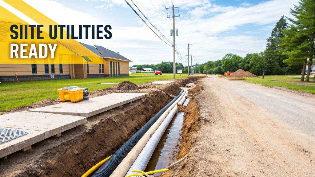 Construction site along a road with open trenches and large pipes, beside a yellow building.