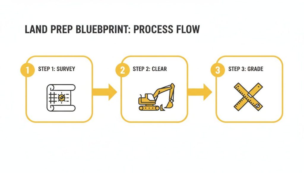 Three-step land prep process: Step 1 Survey (blueprint icon), Step 2 Clear (excavator), Step 3 Grade (ruler and square).
